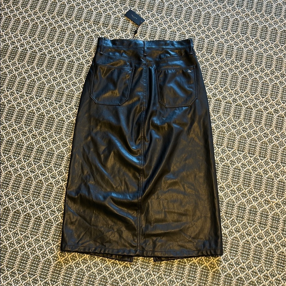 Rag & Bone Boho Moto Chic Sid Black Faux Vegan Leather MIDI Skirt | Sz 27 | NWT - Picture 3 of 12